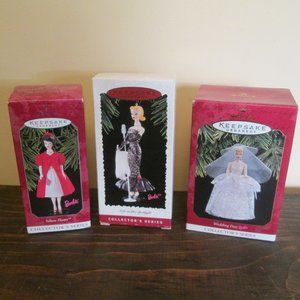 3 NIB BARBIE Hallmark Ornament 1995 Solo ~ 1997 Wedding Day ~ 1998 Silken Flame